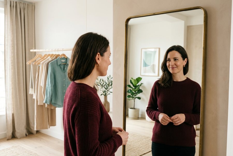 Une femme se regarde dans un miroir avec un sourire confiant