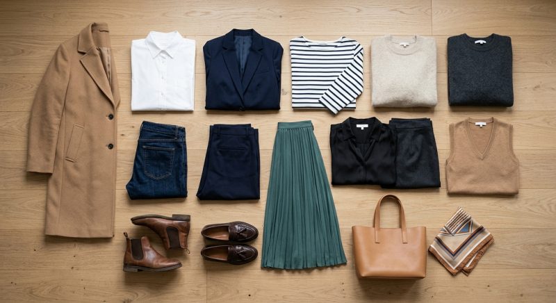 Garde-robe capsule : douze pièces coordonnées disposées à plat